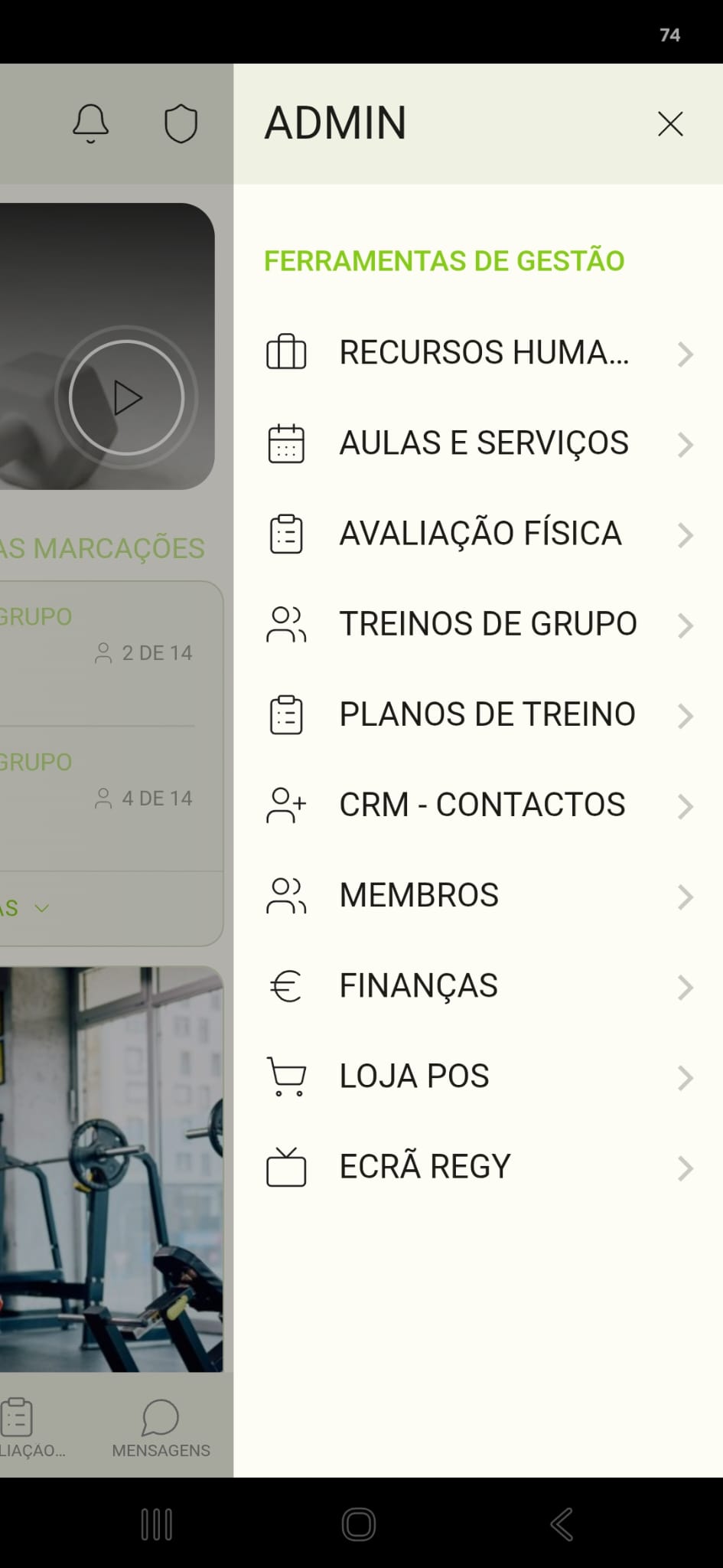 Screenshot da app — menu do gestor
